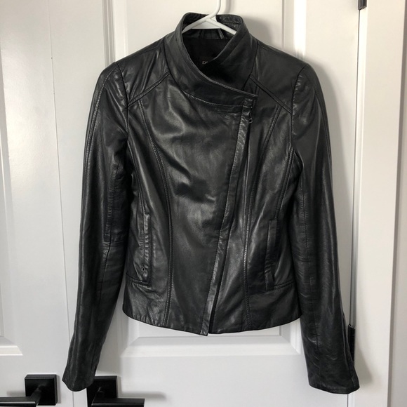 COPY - Danier Asymmetrical Zip Front Black Leather Jacket - Picture 1 of 9